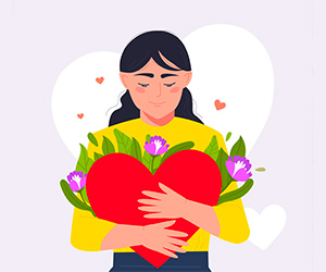 Eine Vektorillustration zeigt eine Frau mit einem, von violetten Blumen und Blättern umrahmten, roten Herz in den Armen. Sie schaut schützend darauf herunter.