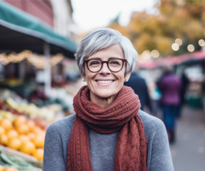 Eine offensichtlich zufriedene Frau im mittleren Alter, steht in mitten eines Gemüsemarktes und strahlt in die Kamera. Es ist Herbst, sie trägt kurzes ergrautes Haar, einen braunen Schal und eine schwarze Brille.