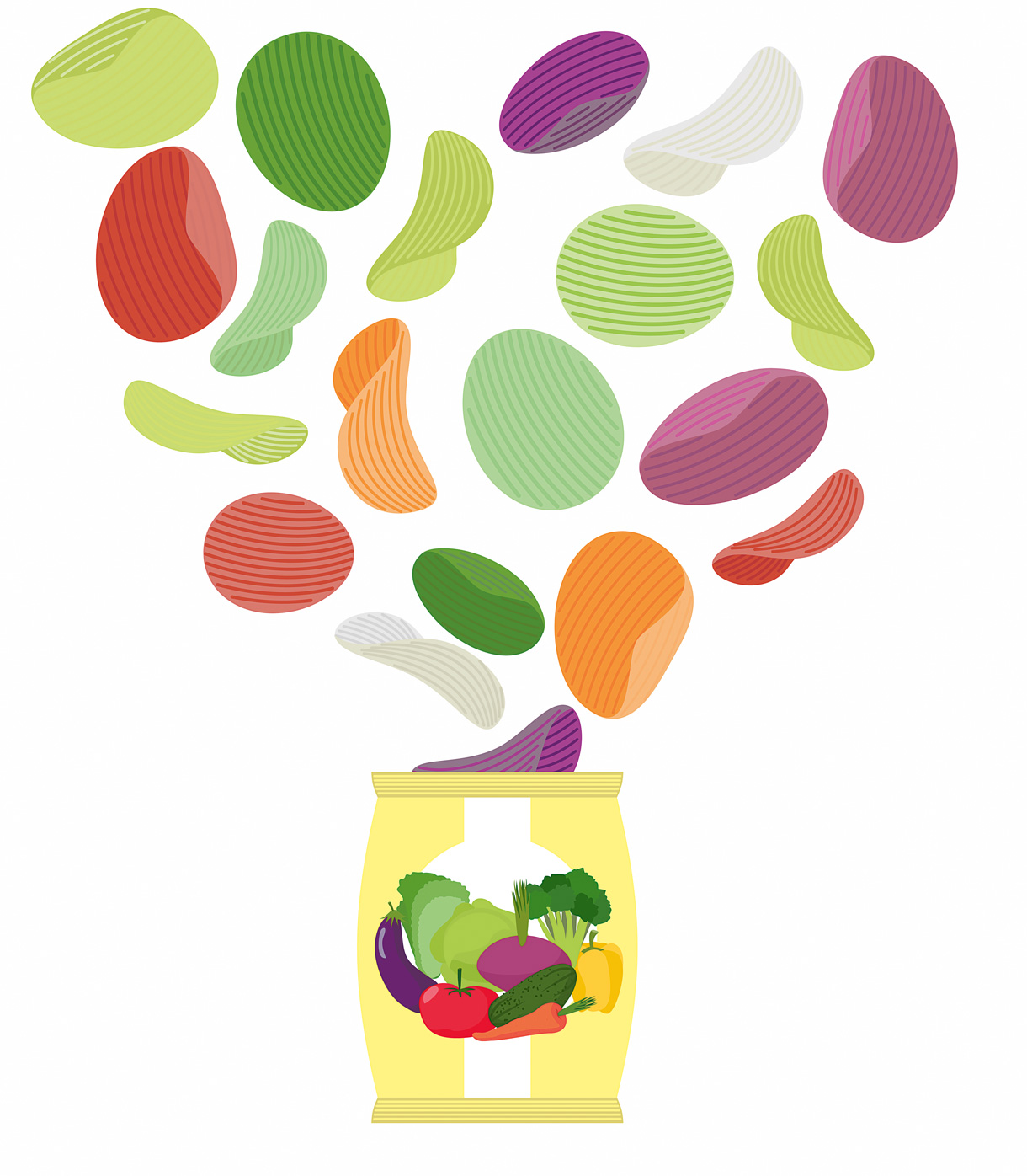 Illustration einer offenen Gemüsechips-Packung. Unterschiedliche Chips fliegen aus der Packung und \"schweben\" über ihr. 