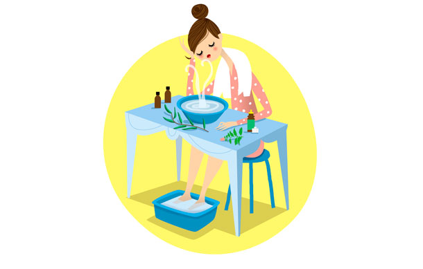 Illustration einer Frau sitzend an einem Tisch. Die Füsse unter dem Tisch in einem Wasserbecken und sie beugt ihren Kopf über eine Wasserschale und inhaliert deren Dämpfe.