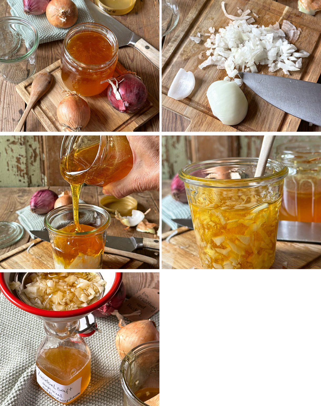 Man sieht 5 Bilder die Schritt für Schritt, die im Text erläuterte Zubereitung von Zwiebelsaft, zeigen.